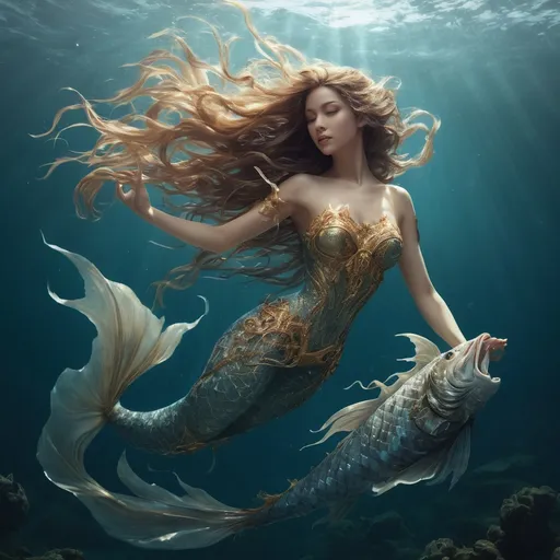 Prompt: In the shimmering depths of the ocean, where sunlight dances upon the waves, lives the enchanting female Adaro, a mythical creature revered in tales of old. With the upper body of a stunning woman and the powerful tail of a fish, she embodies the duality of sea and spirit. Her long, flowing hair glistens like strands of seaweed, shifting in hues from deep emerald to vibrant azure, blending seamlessly with the ocean's palette. Her eyes, reminiscent of the clearest ocean depths, sparkle with mischief and wisdom, revealing secrets of the underwater realm. Adorned with delicate shells and bioluminescent pearls, she moves gracefully through her aquatic kingdom, leaving a trail of ethereal light in her wake. Known for her melodic voice, she sings hauntingly beautiful songs that can both lure sailors to their doom and heal the hearts of those who listen. Yet, beneath her captivating exterior lies a fierce protector of the ocean's treasures. The female Adaro guards her realm against those who would exploit its beauty, wielding the power of the tides and the fury of storms when threatened. With a heart as deep as the ocean itself, she is a guardian of balance between the human world and the mysteries of the sea, a timeless symbol of the magic that lies beneath the waves.