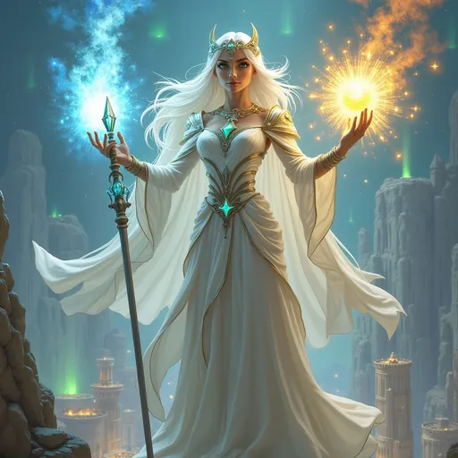 Prompt: "A regal female High Elf with flowing platinum-blonde hair adorned with a circlet of sapphire and gold, standing at the apex of a towering, crystalline spire. Her robes, a blend of shimmering white and iridescent silver, flow like liquid light as she channels an immense arcane spell. In her hands, she cradles a staff of pure diamond, its tip glowing with a pulsating orb that radiates celestial energy. The sky around her is painted with auroras of blue and gold, and below, an intricate city of alabaster and crystal reflects the brilliance of her magic. Her piercing emerald eyes shine with both wisdom and an unyielding determination."