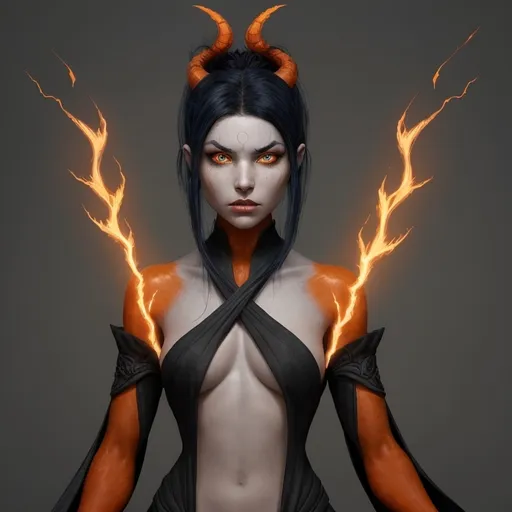 Prompt: Ember Ashenblaze is 100 yrs old and is a Fire Genasi, she stands tall with a lithe, athletic build, skin color is a vibrant fiery orange and reds, her eyes are sapphire, her black hair is tied back in a stylish manner, she has 2 small black horns protruding from her temple, she has a fierce and beautiful face, she is wearing light flowing ashen color garments.