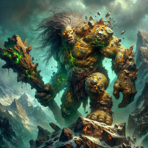 Prompt: The Mountainbreaker Warlord "A colossal male troll with rugged, stone-like skin covered in cracks filled with glowing green moss and veins of molten amber. His hunched frame exudes raw power as he stands atop a shattered mountain peak, holding a massive club made from a petrified tree trunk embedded with jagged boulders. His wild, matted hair flows like a stormcloud, and his glowing yellow eyes blaze with primal fury. His armor is pieced together from scavenged metal and bones, adorned with trophies from countless battles. Around him, the earth trembles, and the air is thick with the roar of an oncoming avalanche, as if the very land responds to his destructive might."