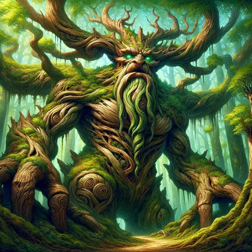 Prompt: "Create an ancient and colossal treant, standing tall at fifty feet with a girth that suggests a lifetime of growth in the heart of a primordial forest. His bark is a rich tapestry of greens and browns, etched with the stories of centuries, with vines and moss draping like emerald necklaces from the crevices of his mighty frame. His branches stretch out, entwined with leaves that shimmer in the dappled sunlight, whispering secrets of the woodland to those who dare to approach. His eyes are deep pools of sap, swirling with the wisdom of the forest, and his mouth is a knotty maw that opens to reveal teeth of aged wood and a tongue that can coil around the trunk of a mighty oak. His limbs, as thick as the trunks of the trees he calls kin, end in hands that are more like wooden shovels, each finger tipped with a formidable thorn, capable of ripping through the earth or unearthing hidden treasures. His feet are twisted roots that dig deep into the soil, a silent testament to his unyielding connection to the forest floor. A majestic crown of antlers adorns his head, each tine a gnarled reminder of battles with the malevolent spirits that dare to threaten his woodland realm."

