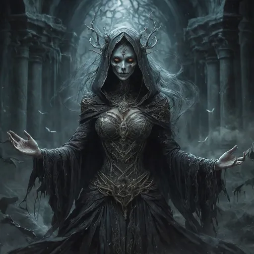 Prompt: In the shadowy realms where the veil between life and death is thin, there exists a formidable figure known as the Female Lich. Cloaked in tattered robes woven from the whispers of the forgotten, she commands an otherworldly aura that draws both fear and fascination. Her skin, a pale shade resembling cracked porcelain, reflects the remnants of her once-vibrant essence, now bound to the ethereal plane by dark sorcery. Eyes that flicker like dying stars peer from beneath a hood, revealing an intellect sharper than any dagger, and a heart long since abandoned to the void. Surrounded by a swirling mist of malignant energy, she raises skeletal hands that dance with necromantic power, able to summon the spirits of the departed or bend the living to her will. The air around her crackles with unspent magic, and her voice, a haunting melody of despair, can echo across the realms, compelling the brave and the foolish alike to heed her call. Yet beneath the layers of deathly enchantment lies a tragic tale; a once-great sorceress who sought immortality and now wanders the twilight of her existence, forever seeking the knowledge that might restore her stolen humanity. In her presence, one cannot help but wonder: is she a harbinger of doom or a guardian of ancient wisdom? The answer, as elusive as shadows, lies within the depths of her hollowed heart.