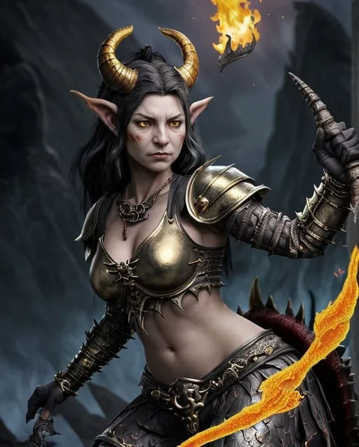 Prompt: female kobold, 58, crimson scales, piercing yellow eyes, bone ridge, inward-curving horns, black claws, fluff-tipped tail, leader's attire, intricate gold-inlaid armor, dragon bone necklace, branded flame cheek, lean, agile, fiery spirit, charismatic leader, ancient dragon-rider aspirant, mentored by Pyrrhus, skilled blacksmith, volcanic environment, ghostly dragon guardian, lost alliance history, dragon-sized saddle and reins creator, sharp wit, loyal, fiery passion, strategic, persuasive, cunning, ambitious, strong-willed.