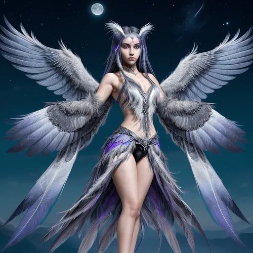 Prompt:  Luna is a majestic Owlin with iridescent feathers that shift from deep blue to purple in the moonlight. Her piercing eyes are a mesmerizing silver hue, surrounded by a ring of dark feathers that emphasize their intensity. Standing at an impressive six feet tall, she has the grace of a dancer and the poise of a royal guardian. Her sharp beak is a stark contrast to her otherwise soft features, hinting at the fierce warrior spirit within her. Her wingspan is a majestic twelve feet, allowing her to glide silently through the night skies