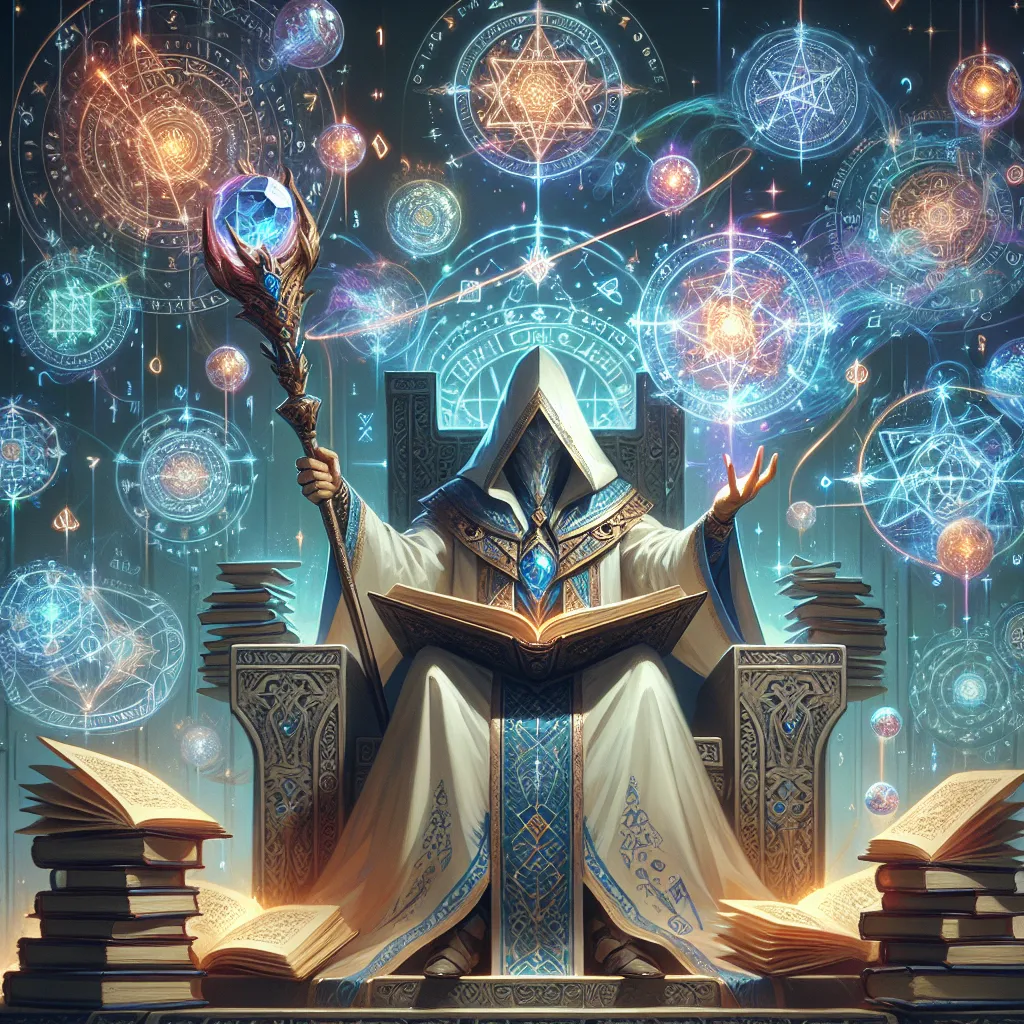 Prompt: "A regal mage sits on a throne made of levitating spellbooks, their robes adorned with glowing arcane symbols that shift and shimmer. In one hand, they hold a staff tipped with an ever-changing crystal, while the other conjures intricate magical sigils in the air. Around them, glowing runes and mystical constructs hover, pulsating with limitless magical power."