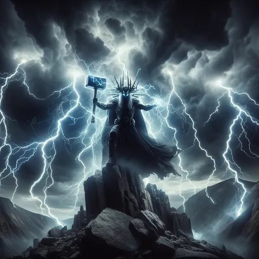 Prompt: "A mighty figure crowned with a storm cloud stands atop a craggy peak as thunder and lightning rage around them. Their hammer crackles with electric energy, and bolts of lightning arc from their body to the ground below. The sky is dark and turbulent, split by their commanding presence as they summon the power of the storm."