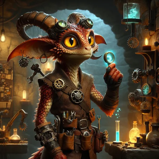 Prompt: Cunning Female Kobold Inventor
"A clever female Kobold stands proudly in a dimly lit cavern workshop filled with an assortment of bizarre contraptions and glowing alchemical gadgets. Her small, wiry frame is covered in reddish-bronze scales, and her large, expressive yellow eyes gleam with curiosity and determination. A pair of horns curves back from her head, adorned with small trinkets and gears tied with leather straps. Her dexterous hands are smudged with soot and grease, holding a strange mechanical device that glows faintly with blue energy.

She wears a patched leather vest lined with utility pouches and belts, each stuffed with tools, scraps of metal, and vials of strange liquids. Around her neck hangs a pair of magnifying goggles that reflect the warm light of a nearby forge. Her tail, tipped with a small, makeshift spanner, twitches as she works, and her clawed feet balance effortlessly on the uneven cavern floor.

The workshop around her is alive with her inventions: half-finished automatons, a steaming alchemical cauldron, and a collection of glowing crystals mounted on metal rigs. Flickering torchlight and the warm glow of embers cast dynamic shadows across the walls, giving the space an atmosphere of industrious creativity. Despite her small stature, the Kobold radiates intelligence, resourcefulness, and an indomitable spirit."