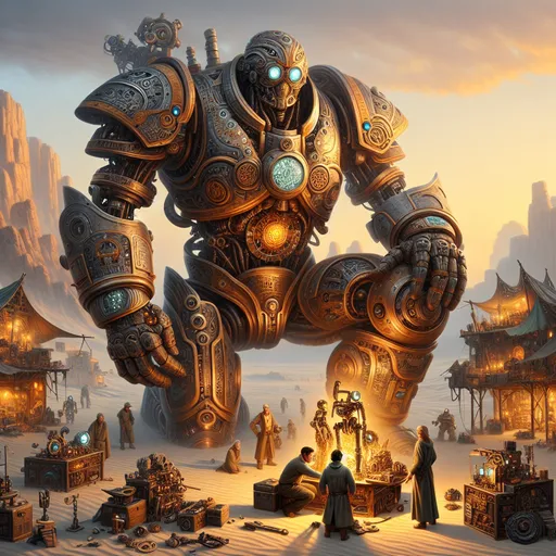 Prompt: 
"The Massive Traveler and the Mechanics"
"Create a fantastical and hyper-detailed scene featuring a towering, massive traveler—an ancient humanoid being adorned in a patchwork of metallic and stone-like armor, each piece etched with intricate runes and glowing softly. Their colossal form looms over a bustling desert outpost filled with vibrant tents, mechanical contraptions, and glowing machinery. Despite their imposing size, the traveler exudes an air of calm curiosity, their massive hands delicately holding a broken mechanical part.

Below, two ingenious mechanics—a pair of siblings—work tirelessly on a peculiar, steam-powered vehicle that hovers just above the ground. One sibling, a wiry figure with goggles and a grease-streaked face, gestures animatedly to the traveler, explaining how the part fits. The other, a stocky engineer in an oversized leather apron, leans against a toolbox filled with glowing tools, their expression a mix of awe and skepticism.

The backdrop is a vivid desert under a setting sun, the golden-orange sky blending with deep purples as the first stars emerge. Strange rock formations tower in the distance, while mechanical birds flutter above, their metal wings glinting in the fading light. The entire scene is alive with texture—the worn leather of the mechanics’ outfits, the gleaming metal of the traveler’s armor, the warm glow of lanterns, and the intricate workings of the machinery they repair.

The atmosphere is a perfect blend of wonder, ingenuity, and connection between the mysterious traveler and the inventive mechanics."
