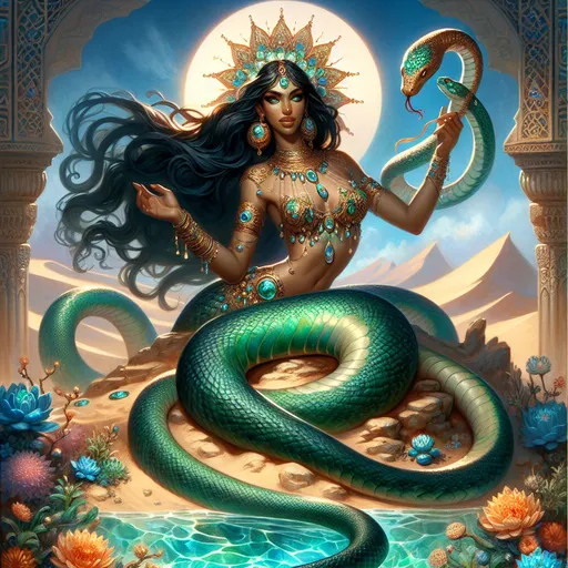 Prompt: "A mesmerizing female Lamia with a shimmering, emerald-scaled serpent tail that coils gracefully beneath her. Her upper body is adorned with gold jewelry encrusted with glowing turquoise gems, and her long, black hair flows like silk in the desert wind. She sits upon a throne of sandstone and coral, surrounded by a crystal-clear oasis reflecting the light of a blazing sun. Exotic, vibrant flowers bloom around her, and golden snakes slither nearby, their eyes glowing faintly as if under her spell. In her hand, she holds a staff tipped with a radiant orb that seems to hold the power of the desert itself."