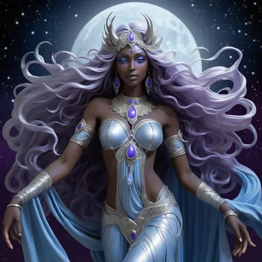 Prompt: Thara Moonshadow is a Magog, a rare and enigmatic species known for their ethereal beauty and otherworldly grace. Standing at a statuesque six feet tall, her skin is a shimmering silver that seems to dance with the light, often reflecting the soft blues and purples of the moonlit nights she so dearly loves. Her long, flowing hair cascades like a waterfall of obsidian, each strand adorned with delicate beads of silver that jingle softly as she moves. Her eyes are twin pools of liquid amber, surrounded by thick, dark lashes that seem almost too heavy for her delicate features. Her nose is straight and slender, her lips full and naturally tinted a soft pink. Her ears are pointed, elongated and adorned with intricate earrings that mirror the shape of the crescent moon. Her body is lithe and athletic, a testament to her centuries of honing her skills as a warrior and a dancer. Her fingers are long and nimble, perfect for plucking the strings of her magical lute, and her feet, bare and unblemished, leave no trace as she glides across the ground. She is often seen wearing a cloak of woven starlight that clings to her form, revealing just enough to hint at the intricate tattoos that cover her torso, each one a story from her long and storied past.