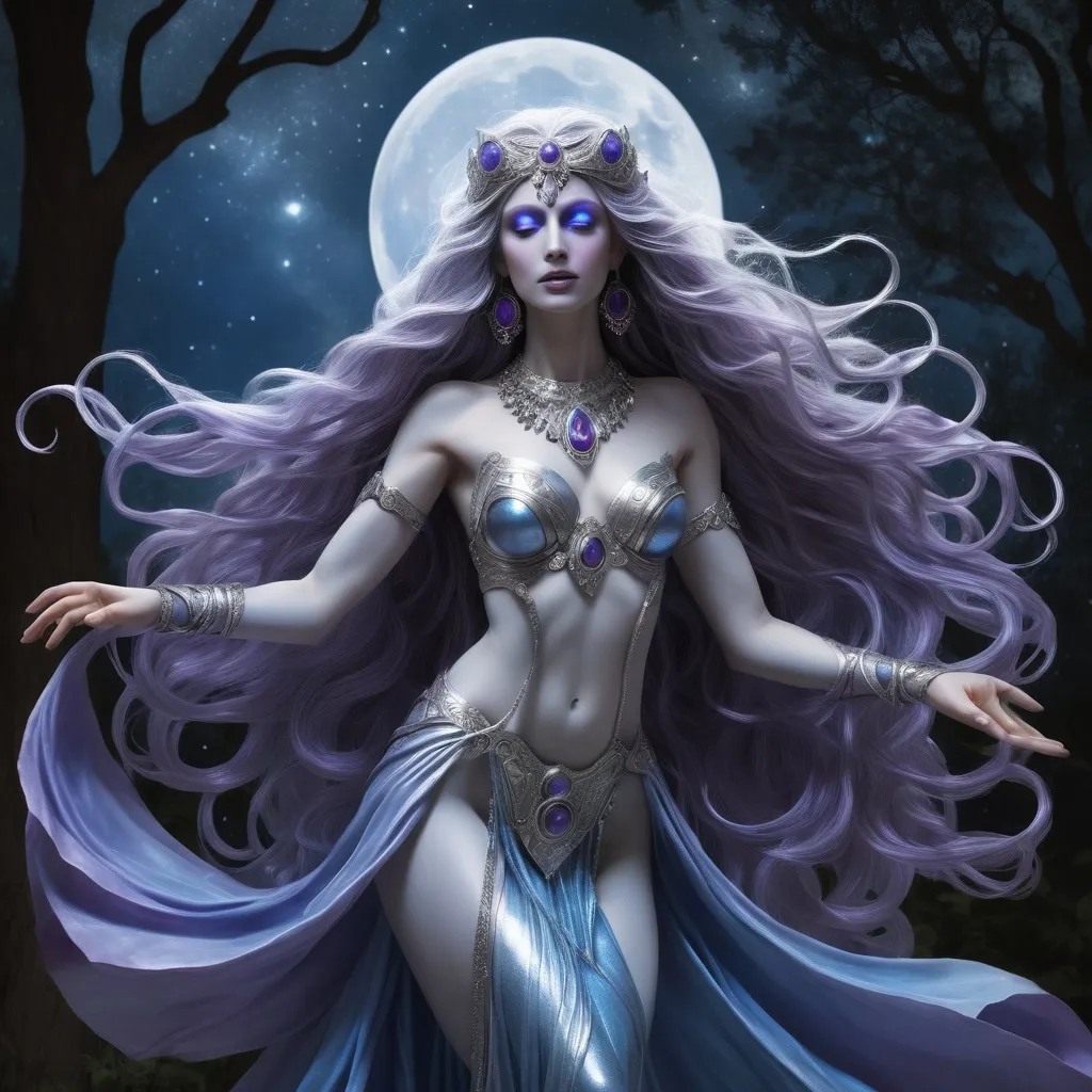 Prompt: Thara Moonshadow is a Magog, a rare and enigmatic species known for their ethereal beauty and otherworldly grace. Standing at a statuesque six feet tall, her skin is a shimmering silver that seems to dance with the light, often reflecting the soft blues and purples of the moonlit nights she so dearly loves. Her long, flowing hair cascades like a waterfall of obsidian, each strand adorned with delicate beads of silver that jingle softly as she moves. Her eyes are twin pools of liquid amber, surrounded by thick, dark lashes that seem almost too heavy for her delicate features. Her nose is straight and slender, her lips full and naturally tinted a soft pink. Her ears are pointed, elongated and adorned with intricate earrings that mirror the shape of the crescent moon. Her body is lithe and athletic, a testament to her centuries of honing her skills as a warrior and a dancer. Her fingers are long and nimble, perfect for plucking the strings of her magical lute, and her feet, bare and unblemished, leave no trace as she glides across the ground. She is often seen wearing a cloak of woven starlight that clings to her form,