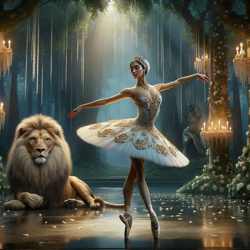 Prompt: "A breathtaking scene featuring a graceful ballerina and a majestic lion, set on a grand stage in the middle of a magical forest. The ballerina, dressed in a flowing white tutu adorned with shimmering golden embroidery, performs a delicate pirouette, her arms extended elegantly. Her movements exude poise and strength, her expression serene yet focused.

Beside her, the lion sits proudly, its golden mane illuminated by soft, ethereal moonlight filtering through the forest canopy. The lion's piercing amber eyes watch the ballerina with a calm, almost regal demeanor, as if entranced by her dance. Its powerful frame radiates strength, yet its presence feels protective and harmonious.

The stage is framed by towering, ancient trees wrapped in glowing vines, and the ground sparkles faintly with dewdrops. A scattering of soft petals drifts through the air, adding a dreamlike quality to the scene. The atmosphere is one of unity and grace, blending the raw power of the lion with the delicate beauty of the ballerina, creating an unforgettable masterpiece of elegance and wonder."
