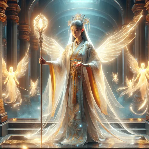 Prompt: "A serene priestess draped in glowing, translucent robes stands within a temple of light. Her staff, tipped with a radiant crystal, casts beams of pure energy that illuminate the sacred space. Around her, angelic beings float in silent reverence, their wings shimmering like liquid gold as they reflect her divine aura."