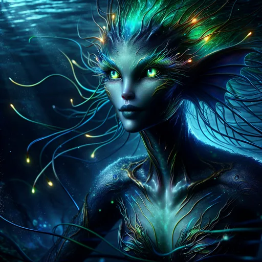 Prompt: In the shadowy depths of the ocean, where light dares not tread and ancient secrets linger, the Female Deep One emerges—a mesmerizing blend of beauty and otherworldly mystique. Her skin glistens with iridescent hues, reminiscent of moonlit waves, reflecting shades of deep green and azure. With elongated limbs that gracefully adapt to the water's embrace, she glides effortlessly through her aquatic realm. Her large, luminous eyes, tinted with a hint of gold, hold the wisdom of ages, revealing a depth of emotion rarely seen in her kind. Adorned with delicate, bioluminescent tendrils that cascade like ethereal hair, she radiates an enchanting glow in the dark waters, captivating all who venture close. Her presence commands respect and fear, for beneath her alluring visage lies a fierce intelligence and the primal instincts of a predator. As a guardian of her realm, she possesses the ability to communicate with the ocean’s denizens, weaving stories of the tides and currents, and enacting ancient, forgotten rites. In some tales, she is seen as a protector of lost sailors, guiding them home, while in others, she embodies the haunting allure of the abyss, drawing the unwary into her depths. The Female Deep One is a paradox—a creature of both beauty and terror, forever entwined with the mysteries of the ocean and the legends of those who dare to explore its unfathomable depths.