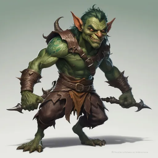 Prompt: Skipjack Bramblethorn is a robust Hobgoblin with a mischievous twinkle in his eye, standing at a height that straddles the line between human and goblin, making him slightly taller than the latter. His skin is a rich earthy brown with emerald green tattoos swirling up his muscular arms, each one telling a tale of his past victories and daring escapades. His pointed ears are adorned with gold rings, and a wild mane of red hair, intertwined with ivy, frames his sharp, angular features. His teeth are slightly elongated and sharper than most, hinting at his carnivorous diet, and his nose is flat and broad, reminiscent of a bulldog's. He moves with the grace of a seasoned acrobat, despite his burly build, and his eyes are a piercing shade of amber that seem to gleam with the light of a thousand campfires.