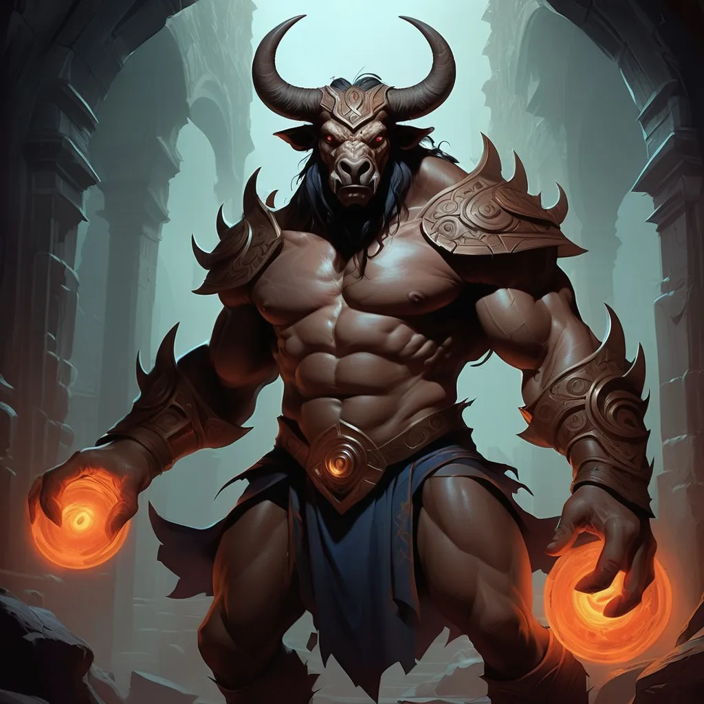 Prompt: Born in the city of Aelius, nestled within the labyrinthine tunnels of the Underdark, Kairos was the first child of an influential minotaur chieftain and a renowned human sorceress. His mother's lineage could be traced back to the surface world's legendary House Tiamat, whose name still echoed in whispers among the most learned scholars. Growing up, Kairos was taught the ways of both worlds—the savage cunning of the minotaur and the arcane secrets of his human ancestry. His early years were spent navigating the treacherous political landscape of the Underdark, as the various drow houses and other subterranean races vied for power. His mother's tutelage in the arcane arts set him apart, and he quickly became a symbol of unity among his people, bridging the gap between the brute strength of the minotaur and the subtle strategies of the human mind.

As the city grew, so did its need for protection from the malevolent forces that lurked in the shadowy depths. Kairos, driven by a sense of duty and adventure, founded the Sanguine Sentries, an elite group of warriors and mages who patrolled the city's perimeter. His deeds grew in legend as he led the Sentries in daring raids against the drow, the duergar, and even the fearsome mind flayers. It was during one such raid that he encountered a mysterious artifact known as the Temporal Talisman. The Talisman, lost for millennia, bound Kairos to the very fabric of time itself, granting him the ability to manipulate its flow.