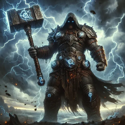 Prompt: "A hulking warrior clad in heavy, thunder-forged armor stands amidst a battlefield ravaged by storms. Their massive hammer, inscribed with glowing runes of lightning, crackles with raw energy. Above them, the storm clouds swirl violently, responding to their every command as bolts of lightning strike the ground in rapid succession."