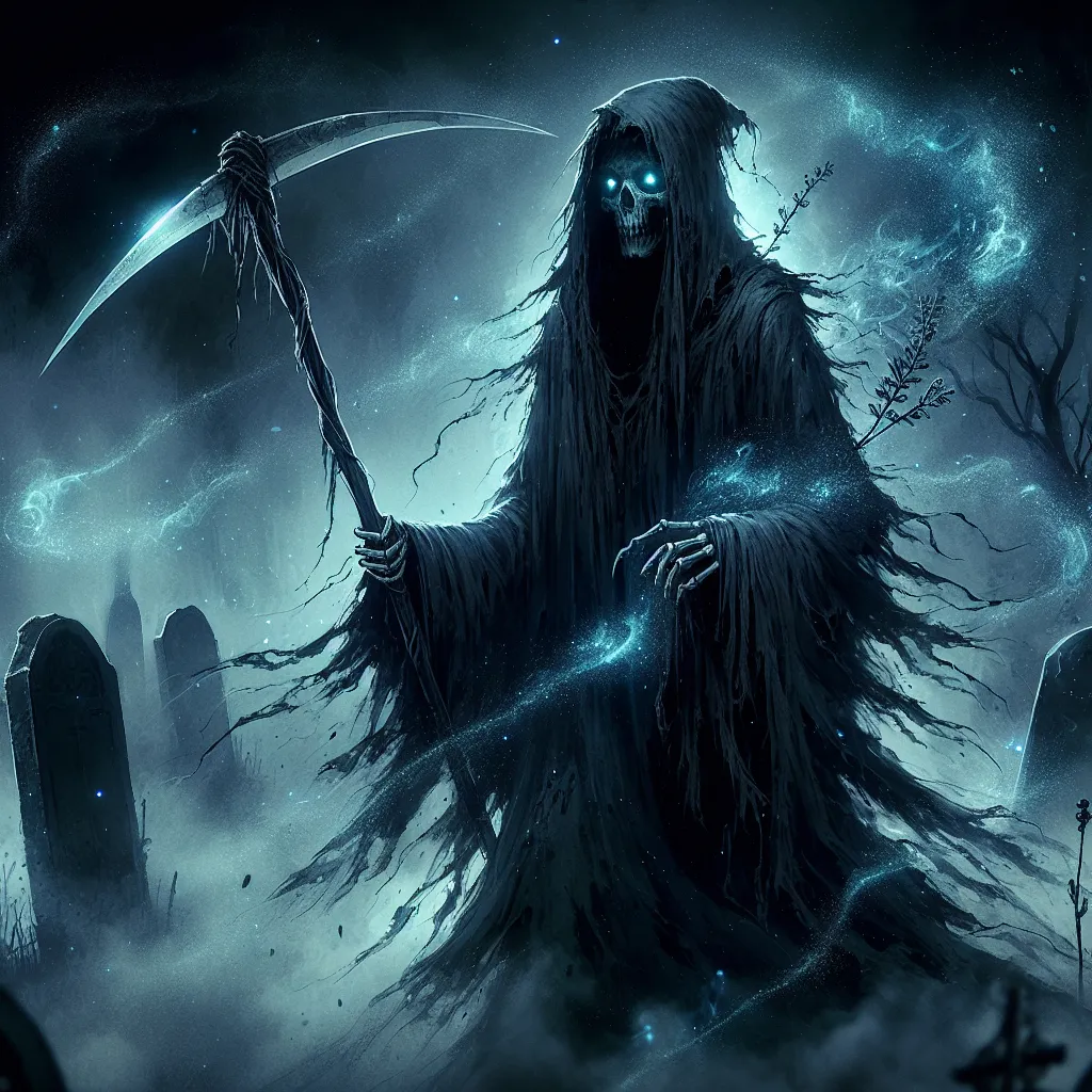 Prompt: "A spectral figure cloaked in tattered midnight-blue robes strides through a graveyard shrouded in mist. Their eyes glow like dying stars, and their hands clutch a scythe that radiates both darkness and faint starlight. Around them, wisps of spectral energy drift, taking the shapes of lost souls as the revenant harvests their lingering essence."