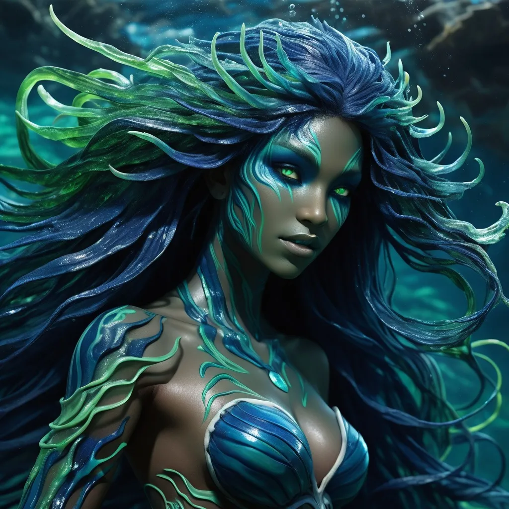 Prompt: Tiamat Whisperwave is a striking Triton, her skin shimmering in a mesmerizing palette of deep blues and greens that mimic the depths of the ocean. Her long hair flows like strands of kelp, with bioluminescent streaks that light up the underwater caverns she calls home. Her eyes are a piercing shade of silver, reflecting the moonlight that filters through the waves above, and her pupils are vertical, allowing her to see with exceptional clarity in the murky underwater world. Her finned tail is adorned with intricate tattoos that tell the story of her lineage and her personal triumphs, each scale glistening like a pearl in the light. Standing at an impressive six feet, she is taller than most of her kin, which is often attributed to her unique diet of enchanted sea flora and fauna. Her torso is lean yet powerful, with muscles honed from a lifetime of swimming through treacherous currents and battling fearsome sea creatures. Two delicate, translucent wings sprout from her back, reminiscent of a jellyfish's tendrils, which she can manipulate to control water currents and enhance her speed and agility. Her webbed hands and feet are tipped with sharp, coral-colored nails that serve as both tools and weapons in the aquatic environment. Despite her formidable appearance, there is a gentle grace to her movements, a silent elegance that whispers of the peaceful nature she strives to maintain.