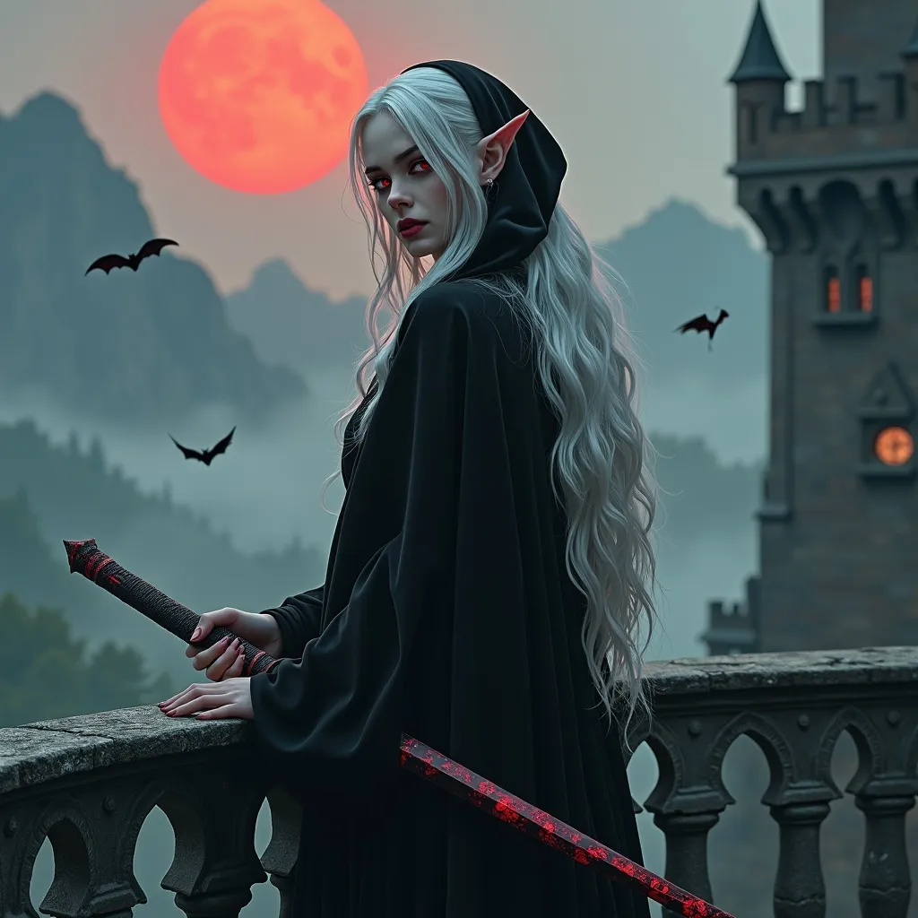 Prompt: "A hauntingly elegant Elvish-Vampire hybrid with pale, moonlit skin and long, silver hair cascading over her black velvet cloak. Her piercing crimson eyes glow faintly as she stands atop the balcony of an ancient, gothic castle, overlooking a forest shrouded in mist. She wields a slender, enchanted rapier etched with blood-red runes, its blade humming with an unholy aura. Her pointed ears peek out from beneath her hood, and her fangs glint as she smirks with an air of regal dominance. Bats swirl around her as the blood-red moon casts an eerie glow on the jagged mountains beyond."