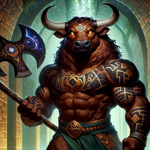 Prompt: "A towering female Minotaur with rippling muscles and dark, mahogany fur streaked with gold patterns, standing proudly within the glowing core of an ancient labyrinth. Her eyes burn with determination as she grips a massive, double-headed axe, its blades etched with pulsating runes. Her horned head is crowned with a circlet of obsidian and sapphire, symbolizing her status as the labyrinth’s chosen protector. The floor beneath her hooves is covered in intricate mosaics that shimmer with magical light, while faint, ghostly figures of past challengers linger in the air around her, a testament to her unyielding strength."