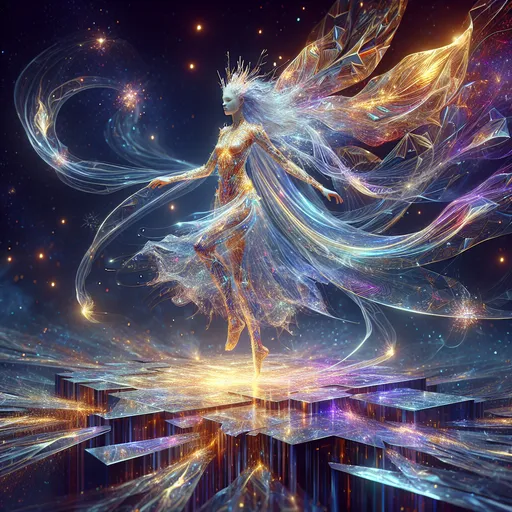 Prompt: "A radiant female Aetherborn twirls gracefully atop a floating dais made of translucent crystal, her body a shimmering cascade of ever-shifting colors — from deep indigos to vibrant golds. Streams of prismatic light trail her every movement, forming intricate, ephemeral patterns that pulse with energy. Her semi-translucent limbs flow like liquid light, adorned with faint geometric markings that glow softly. Surrounding her is an endless expanse of shimmering stardust, where floating shards of refractive crystal amplify her brilliance, casting rainbow-like beams across the void. Her expression is serene, yet her movements exude an otherworldly elegance that captivates all who witness her celestial dance."