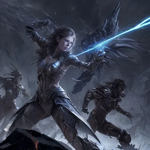 Prompt: Elspeth took advantage of the opening, her blade slicing through the air with a sound like a thousand shattering crystals. Each strike was precise, each movement calculated, and the creature howled in pain as it was pushed back. The Phyrexians surrounding them wavered, their resolve weakening in the face of the relentless onslaught.