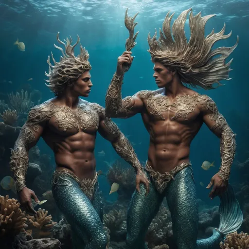 Prompt: In the shimmering depths of the ocean, where sunlight dances through waves and coral gardens flourish, male mermen embody the essence of both elegance and strength. With chiseled torsos glistening like polished shells, their upper bodies are adorned with intricate tattoos that tell tales of ancient sea battles and the mysteries of the deep. Their tails, powerful and iridescent, fan out in vibrant hues of turquoise and emerald, allowing them to glide gracefully through their underwater realm. These mermen possess not only physical beauty but also an air of authority; their voices resonate like the soothing rhythms of the tide, commanding both respect and admiration among their aquatic kin. With keen intellect and a connection to the ocean's magic, they navigate the currents of their world, protect their underwater kingdoms, and seek to bridge the gap between the land above and the mysterious depths below. Whether engaged in spirited contests of strength or serenading the moonlit waves with haunting melodies, male mermen are a captivating blend of allure and valor, embodying the very spirit of the sea.