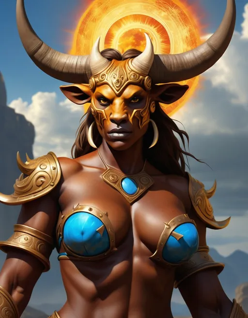 Prompt: Tara Stormhoof is a 300 year old Minotaur, a towering figure of fiery passion and stoic grace. Her upper body is that of a robust human, with a golden complexion that glows under the sun, while her lower half is a powerful, majestic tawney bull. Her eyes, a piercing blue, seems to hold the very essence of the tempest. Long, braided fiery red hair adorns her head, often adorned with beads and feathers that whisper secrets of the wind. Her horns curve gracefully upwards, as if yearning to touch the heavens. Her human form is clad in intricate armor made of hammered gold and crimson leather, etched with ancient runes that dance in the light. a fiery cape billows behind her, a symbol of her fiery spirit and her mastery over the elements.  