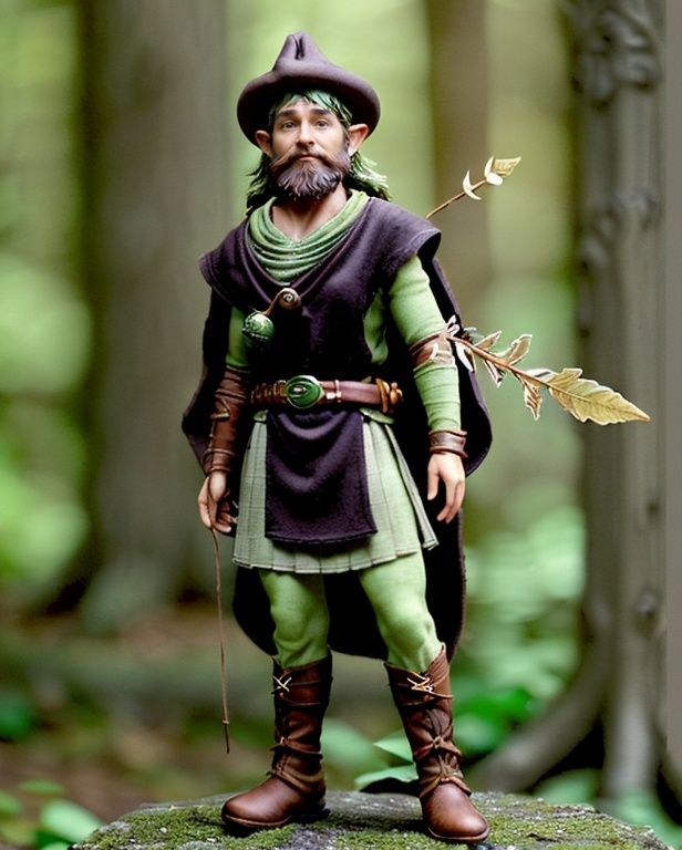 Prompt: Halfling, male, 43 years old, earthy brown skin, mischievous twinkle, wild leafy hair, chest-length beard, tiny bells and feathers, leafy green tunic, high leather boots, utility belt, seasonal feathered hat, straight proud posture, curious eyes, adventurous spirit, nature-inspired attire, adept illusionist, forest dweller, clan historian, charming storyteller, protective guardian, spry, nimble, wise, enigmatic, alliance forger, quick-thinking, playful, nature-adorned, whimsical charm, forest-born, ancient lore keeper.