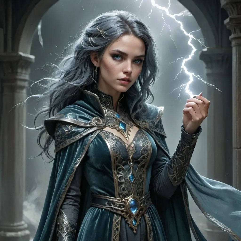 Prompt: Elara Castellanos is an enigma wrapped in a cloak of shimmering midnight-blue fabric that seems to change hue with the light. Her raven hair cascades down to her waist, often adorned with a silver circlet holding back locks that might otherwise obscure her piercing emerald eyes. Her skin is pale as moonlight, with a subtle ethereal glow that hints at the arcane power coursing through her veins. Standing at a regal six feet, she has a lean, athletic build that suggests both strength and grace. Her features are sharp and angular, yet delicate, with high cheekbones, a pointed chin, and a straight, narrow nose. A thin, silver scar traces the path of a lightning bolt from her left temple to the corner of her mouth, a testament to a past battle with a rogue elemental spirit. Her hands, long and slender, are often adorned with rings that sparkle with an inner light, each one a gateway to a different realm of magic. Her attire is a blend of the ancient and the avant-garde, a flowing robe of the finest velvet overlaid with intricate lace, with the occasional metallic embroidery that whispers of the arcane. The hem of her robe brushes the ground, revealing boots of polished l