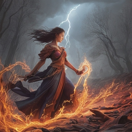 Prompt: Her paws gripped the staff tightly, the wood warm and alive with power. She felt the tempest's energy pulsing through her, a fiery dance of lightning and wind. The tome had shown her the way to harmony, the delicate balance between destruction and creation that was the essence of the storm.