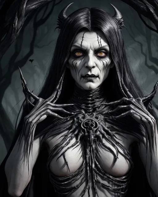 Prompt: Ghoul, female, 230 years old, moonlit silver-ash skin, spectral jade eyes, elongated frame, 5'8", raven hair with silver streaks, sharp facial features, pointed ears with silver jewelry, sharp teeth, tattered silk and dark leather clothing, ancient wisdom glow, apex predator, blend of stealth and elegance, elongated limbs, eerie grace, undead vitality, macabre beauty, delicate yet powerful, shadowy movements, mediator of life and death, necromantic scholar, hidden scholarly enclave, boundless curiosity, gentle demeanor, fiery passion, unique night creature.