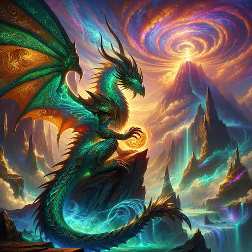 Prompt: "A majestic dragonborn warrior stands atop a jagged cliff, overlooking a glowing, otherworldly landscape. The dragonborn has shimmering, emerald-scaled skin with intricate golden armor adorned with ancient runes. Its massive wings spread wide, glowing faintly with a mystical aura as if channeling celestial energy. The background features a fiery sunset casting dramatic shadows on the warrior, with swirling clouds and a looming, enchanted volcano in the distance. Surrounding the dragonborn are smaller draconic creatures, loyal and menacing, as they guard a glowing orb of immense power. The atmosphere is a blend of epic fantasy and ethereal mysticism, with vivid colors, intricate textures and dynamic lighting."