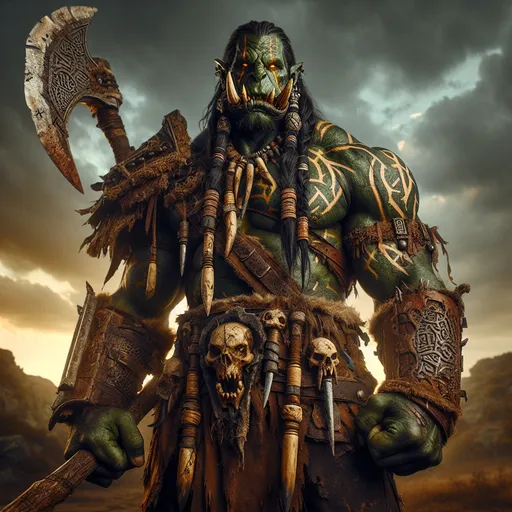 Prompt: *"A towering half-orc warrior stands amidst a rugged battlefield, exuding a commanding presence that balances raw power and calculated precision. His broad, muscular frame is clad in a mix of battle-worn leather and piecemeal armor, adorned with intricate tribal engravings that tell the story of his lineage. His dusky green skin bears scars from countless battles, each marking a tale of survival and resilience.

The half-orc’s sharp tusks protrude from a grim but noble expression, his amber eyes glowing with fierce determination and a hint of sorrow for the conflict around him. His long, braided hair is intertwined with small charms made of bone and metal, symbols of his dual heritage—a blend of orcish strength and human ingenuity.

In one hand, he wields a massive greataxe with a gleaming blade etched with runes that pulse faintly with fiery orange light. The weapon radiates ancient magic, a relic passed down through generations. His other hand rests on a heavy round shield, its surface battered but marked with the emblem of his tribe—a stylized wolf howling beneath a crescent moon.

The backdrop features a dramatic, stormy sky with flashes of lightning illuminating the chaos of the battlefield. Fallen enemies and burning ruins litter the scene, while in the distance, a lone mountain peak looms, crowned with an ethereal glow that hints at the sacred mission driving the half-orc forward.

The color palette emphasizes deep earth tones—greens, browns, and greys—with vivid accents of fiery orange and gold. The overall effect captures the dichotomy of the half-orc: a fierce warrior shaped by hardship yet driven by honor and destiny, creating a compelling and visually stunning collectible fantasy NFT."*