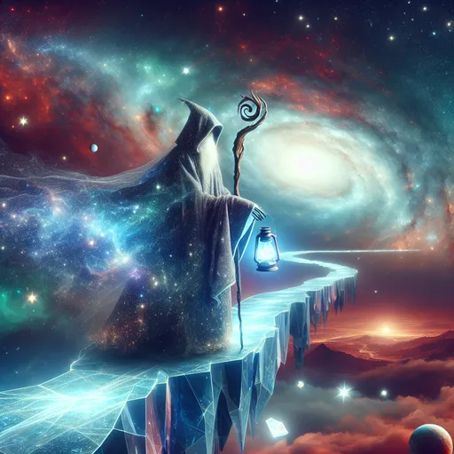 Prompt: "A mysterious traveler cloaked in a flowing cape of stardust walks along a glowing, crystalline bridge suspended in space. In one hand, they hold a lantern containing a swirling galaxy, and in the other, a staff carved from an iridescent meteorite. Behind them, an endless expanse of stars and planets stretches into infinity."