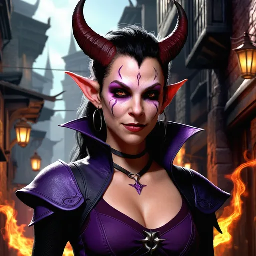 Prompt: Lilaeth was born in the shadowed streets of Sigil, the City of Doors, to a family of renowned planeswalkers. Her mother, a succubus with a penchant for art and her father, a charismatic tiefling bard, were part of a small, tight-knit community that reveled in the chaos and diversity of the plane-spanning metropolis. Growing up, Lilaeth was taught the subtleties of music, the art of the spoken word, and the intricacies of interdimensional travel. Her childhood was a whirlwind of sights and sounds from across the multiverse, as her parents brought her along on their adventures. When she came of age, she chose to follow the path of her mother, embracing her heritage and the seductive power of the Nine Hells.

Her apprenticeship under the tutelage of a powerful balor was fraught with danger and temptation. But Lilaeth's innate curiosity and thirst for knowledge allowed her to navigate the treacherous political landscape of the Abyss. She learned the dark arts of seduction and manipulation, using her charms to coerce information and secure her place among the demon lords' courts. Her skills grew, and she became a masterful spy and negotiator, adept at dancing through the shadows and leaving no trace of her presence. Her talents did not go unnoticed, and soon she found herself at the service of Asmodeus himself, the Lord of the Ninth.

However, Lilaeth's heart was not truly bound to the endless wars and machinations of the Lower Planes. The whispers of freedom and the melodies of her father's forgotten lullabies called to her. With a mix of guile and sheer audacity, she severed her ties to the Nine Hells and set out to explore the Prime Material Plane. She roamed from realm to realm, her wings carrying her through the skies and her wit carrying her through the courts of kings and queens. Over the centuries, she amassed a collection of secrets and allies that stretched across the fabric of existence. 