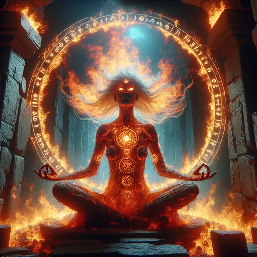 Prompt: "An ancient pyromancer sits cross-legged within a circle of glowing runes, her body wreathed in living fire. Her hair burns like a bonfire, and her eyes glow with the intensity of molten lava. Around her, the ruins of a forgotten temple are consumed by flames that refuse to destroy, instead reshaping the stones into vibrant new forms."