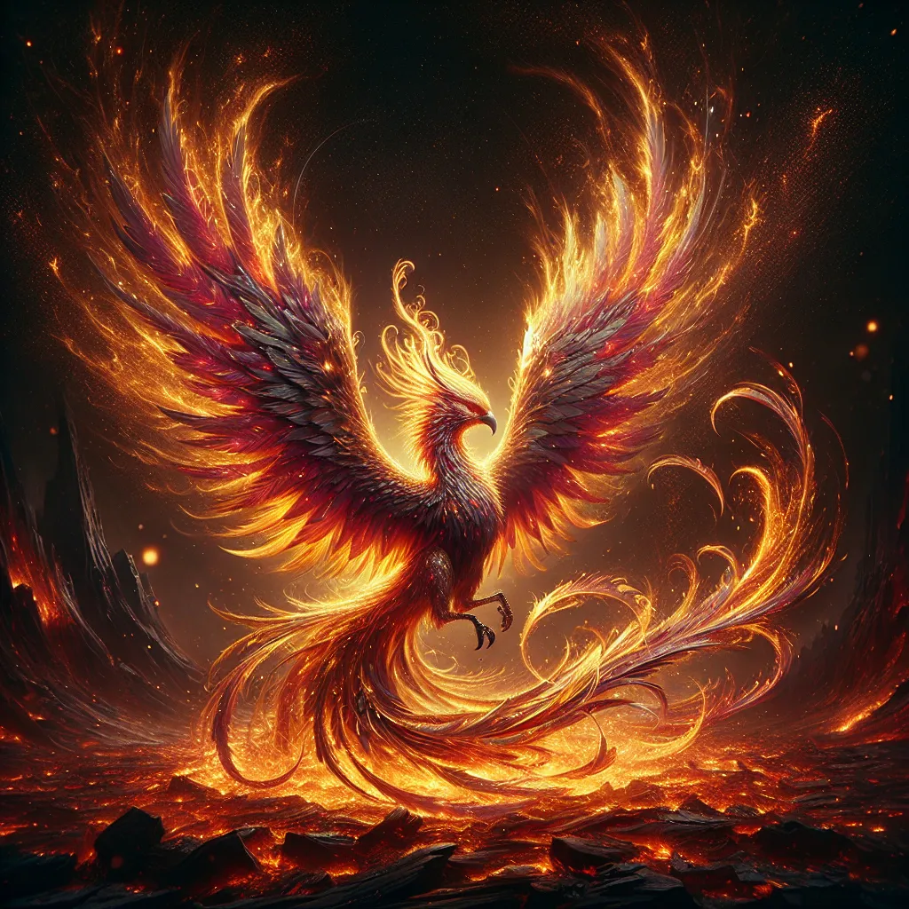 Prompt: Phoenix Reborn from Ashes
"A phoenix mid-rebirth, wings ablaze with golden and crimson fire, rising from a pile of glowing embers. Its feathers radiate divine energy, and its eyes glow with wisdom. The background is an apocalyptic wasteland, with ashes swirling and fiery sparks lighting the night sky."