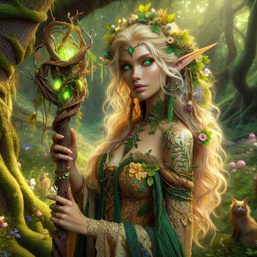 Prompt: The Emerald Grove Keeper
"A graceful female high elf druid stands at the center of a sacred grove, her golden hair cascading like sunlight over her shoulders, adorned with woven vines and blooming flowers. Her radiant, emerald-green eyes glow faintly with an ancient wisdom, reflecting the vibrant life around her. She wears robes of shimmering forest hues, woven with enchanted leaves and adorned with intricate embroidery that resembles the patterns of tree bark and flowing rivers. In her delicate hands, she holds a gnarled oak staff crowned with a cluster of glowing crystals and living moss, radiating natural energy. Around her, the grove thrives with life: ancient trees hum softly with magic, wildflowers bloom in a kaleidoscope of colors, and animals—both mundane and mystical—gather in quiet reverence. The air is filled with the gentle rustle of leaves and the soothing whispers of the wind, as if the grove itself speaks in harmony with her presence."