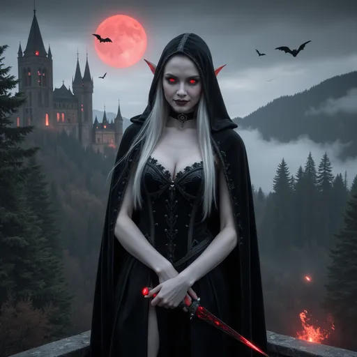 Prompt: "A hauntingly elegant Elvish-Vampire hybrid with pale, moonlit skin and long, silver hair cascading over her black velvet cloak. Her piercing crimson eyes glow faintly as she stands atop the balcony of an ancient, gothic castle, overlooking a forest shrouded in mist. She wields a slender, enchanted rapier etched with blood-red runes, its blade humming with an unholy aura. Her pointed ears peek out from beneath her hood, and her fangs glint as she smirks with an air of regal dominance. Bats swirl around her as the blood-red moon casts an eerie glow on the jagged mountains beyond."