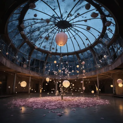 Prompt: 
"Set against the eerie backdrop of the Moon’s surface visible through a massive, cracked glass dome, a cursed recreation center floats in a surreal, low-gravity environment. The main hall is dimly lit, with glowing paper lanterns suspended mid-air, their soft light casting shifting shadows on the metallic walls. Clusters of hanging flowers—wilted and unnaturally twisted—drift gently in the weightless space, their petals glowing faintly with an otherworldly hue. In the center of the room, a barbell hovers ominously, rotating slowly as if manipulated by unseen forces. The atmosphere is unnerving yet strangely beautiful, blending the mundane elements of a recreational facility with the sinister influence of a curse. Hyper-detailed textures highlight the cracked glass dome framing the distant lunar horizon, the delicate decay of the flowers, the intricate patterns on the paper lanterns, and the cold, metallic surface of the barbell."