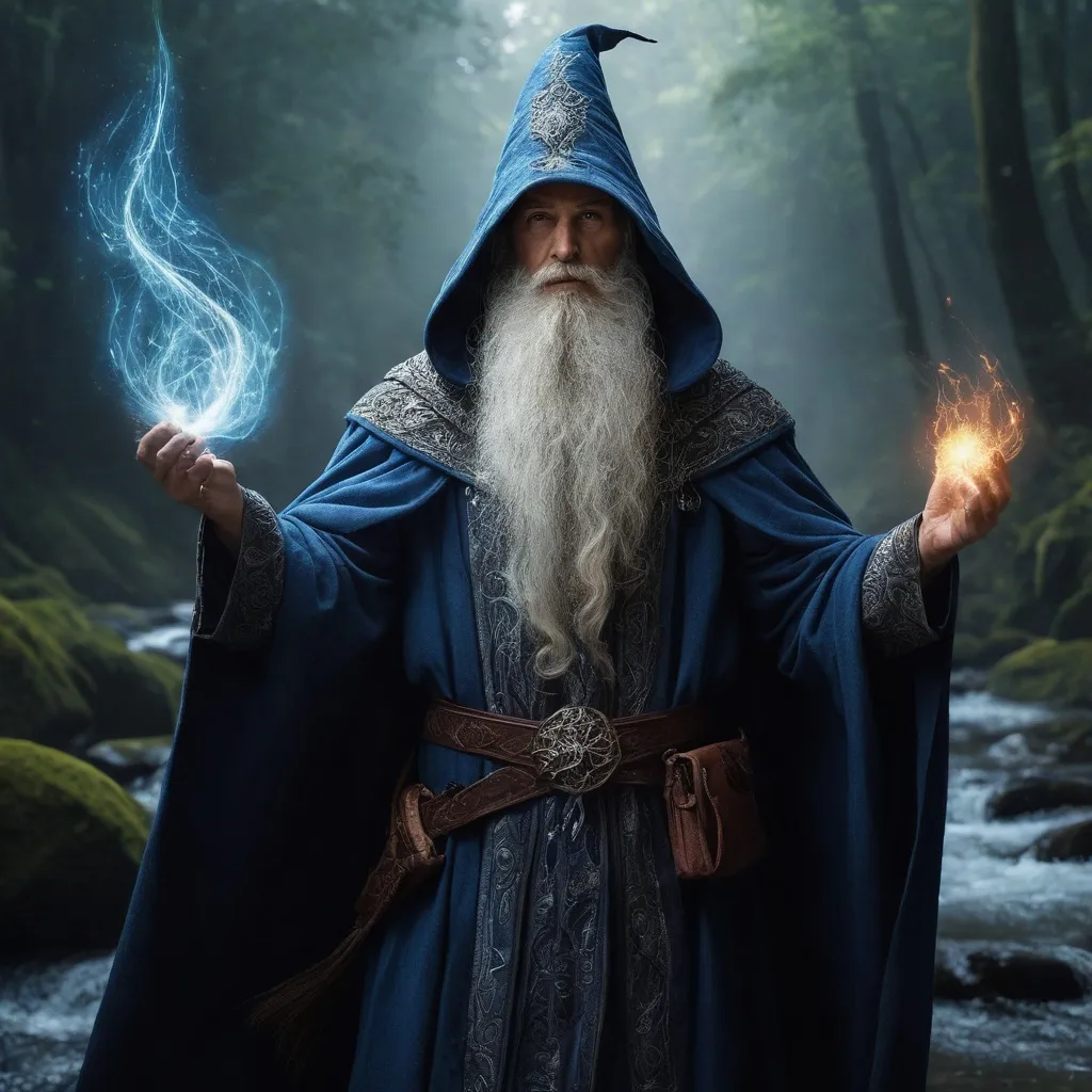 Prompt: In a realm where magic intertwines with the very fabric of existence, a wizard stands as a beacon of arcane knowledge and power. Cloaked in flowing robes that shimmer like starlit skies, he carries the weight of ancient wisdom etched into his very being. His long, silver beard flows like a cascading river, hinting at the countless years spent in pursuit of mystical truths. Eyes that resemble deep, swirling galaxies hold secrets of forgotten spells and prophecies yet to unfold. With a staff carved from the heartwood of a mythical tree, adorned with luminescent crystals that pulse in rhythm with the universe, he harnesses the energies of nature itself. This wizard commands the elements, weaving fire and ice, calling forth storms, and nurturing the growth of enchanted flora. In his presence, the air crackles with anticipation, and the whispers of magic dance on the wind, inviting all to delve into a world where imagination reigns supreme.