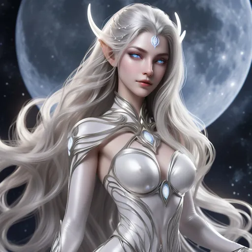 Prompt: Lunara "Luna" Solara is an ethereal beauty, standing at a commanding yet lithe 5'9" with long, flowing silver hair that seems to dance in the light, reflecting the very essence of the moon she worships. Her skin, a soft pearlescent white, is almost translucent, revealing a subtle network of glowing veins that pulse with the power of the aether. Her eyes, the color of deep twilight, are large and expressive, often capturing the curiosity and admiration of those who dare to gaze into them. Her ears are pointed and delicately adorned with silver studs and intricate moonstone earrings that dangle down to her shoulders.

Her attire is a harmonious blend of practicality and elegance. Above the waist, she wears a corset-style top made from iridescent silk that shimmers with the hues of the night sky, leaving her midriff bare. The garment is held together by a series of delicate chains that trace the contours of her torso and accentuate her figure without overwhelming it. On her arms, she has matching vambraces that extend from her elbows to her wrists, protecting her from the arcane forces she wields. Her lower half is covered in a flowing skirt of the same material, slit on the sides to allow for unrestrained movement, revealing glimpses of the shimmering stockings that cling to her legs. Her feet are adorned with sandals that lace up to her ankles, each step leaving a faint trail of stardust.

Her most striking feature is the pair of diaphanous wings that unfurl from her back, each feather a delicate latticework of moonlit gossamer. When at rest, they fold neatly against her back, but when unfurled, they span a breathtaking ten feet. The wings are not merely decorative; they allow Luna to glide and maneuver through the air with the grace of a bird of prey, though she prefers to keep her feet on the ground unless the situation calls for a dramatic entrance or a swift escape.