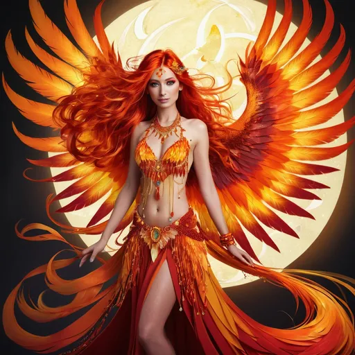 Prompt: Zephyrina Flametail is a captivating Phoenix with a fiery presence that seems to dance around her, even when her fiery wings are folded at her back. Her long, wavy hair, a kaleidoscope of fiery oranges, reds, and golds, cascades down to her waist, often adorned with delicate beads of gold that glint in the sun. Her eyes, a mesmerizing mix of blue and green, reflect the ever-changing hues of a blazing inferno, and her skin is a warm, sun-kissed bronze. Her figure is athletic yet feminine, with muscles honed from centuries of aerial acrobatics and battles. Her attire is minimal yet elegant, consisting of a crimson and gold loincloth that leaves her midriff bare, and a set of intricately designed bracers that hug her arms, ending just above her elbows. Her bare chest is adorned with a necklace of gleaming embers that seem to pulse with life, and her sandals are made of a mysterious material that never burns, allowing her to walk unscathed on the hottest of sands or the most fiery of terrains. Her wings are a marvel to behold, a masterpiece of feathers that shimmer like molten gold, extending almost twice her height when fully spread. Each feather is tipped with a delicate flame, creating an aura of warmth and danger around her. Her tail, a spectacle of fiery plumes, sweeps the ground dramatically as she moves.