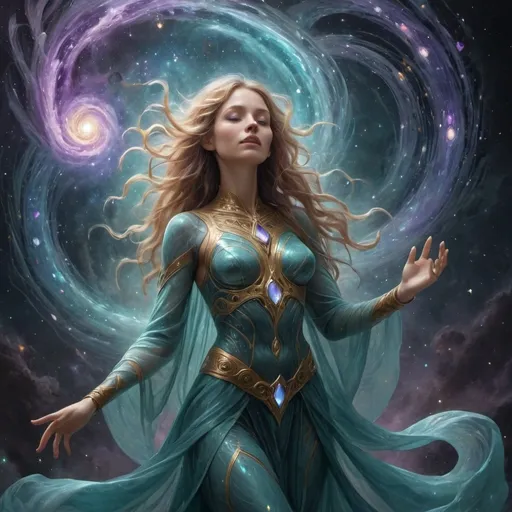 Prompt: "A radiant female Aetherborn, her translucent, opalescent body swirling with vibrant hues of violet, teal, and gold, stands at the center of a cosmic rift. Her form flickers with ephemeral light, constantly shifting as if made from living starlight. She manipulates threads of glowing aether with her elongated, delicate hands, weaving them into intricate patterns that ripple through the air like a celestial tapestry. Around her, fragments of shattered worlds float weightlessly, illuminated by a nebula that pulses with energy. Her eyes are twin galaxies, shimmering with wisdom and power, as she gazes into the infinite expanse."