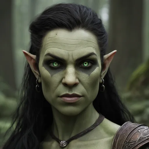 Prompt: Kara Stonefist a Half-Orc, 32 yrs old, stands tall with the robust frame of her Orc lineage, yet her elven heritage lends her an unexpected grace. Her emerald eyes sparkle with mischief, contrasting sharply with her deep green skin. Her unruly hair, a blend of orcish coarseness and elven sheen, falls in wild, fiery red waves to her shoulders. Her teeth are slightly pointed, hinting at her orcish side, but her smile is surprisingly warm. She adorns herself with intricate tattoos that weave in and out of her muscular contours, each line telling a story of her adventures. Her attire is a mix of practical leather armor and flowing cloth that allows for ease of movement in combat and stealth. Her most notable feature is her massive stone-like right hand, a reminder of a pact made with a powerful earth elemental.