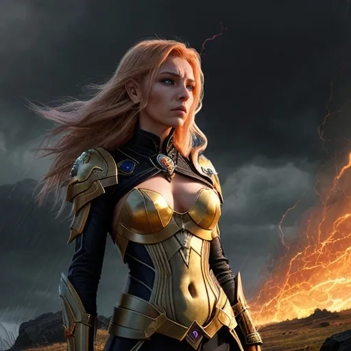 Prompt: Leona Stormrider, the golden lioness of the Leonin, took a deep breath, trying to ignore the sting of her mentor's words. She had felt the rage building within her, the fiery wrath of the tempest she now harnessed. It was a power she hadn't asked for, a burden that came with the pact she'd made to save her people from the Eldrazi. The storm raged in her eyes, a silent testament to the turmoil within her soul.