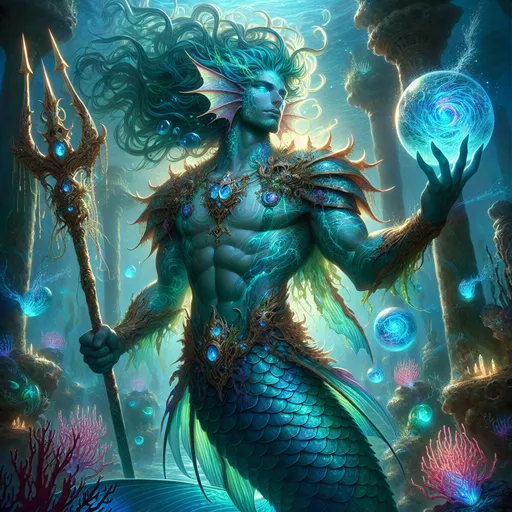 Prompt: Regal Merrow Sea King
"A commanding male Merrow rises from the depths, standing in the center of an underwater throne room carved from coral and adorned with glowing bioluminescent plants. His muscular, aquatic form is covered in shimmering blue-green scales that ripple with light like the ocean's surface at sunrise. His long, flowing hair, resembling strands of seaweed, drifts weightlessly in the water, and his piercing teal eyes glow with an otherworldly intensity. His powerful tail, adorned with golden fins, curls gracefully beneath him. He wears a regal breastplate of pearl and shell, inlaid with intricate designs of swirling waves and ancient symbols. In one hand, he grips a trident of crystalline coral, its prongs glowing faintly with arcane power, and in the other, he holds a sphere of luminous water magic swirling with vibrant hues. Around him, the throne room is alive with schools of colorful fish, fluttering jellyfish, and shafts of sunlight filtering down from the ocean's surface, creating a scene of awe and majesty."