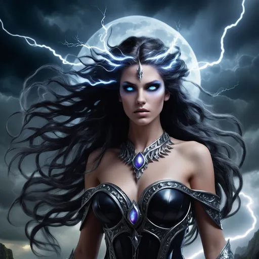 Prompt: Aleera Stormbringer, a mesmerizing demigod of the tempestuous skies, stands at the height of a mortal queen. Her hair is a tumultuous waterfall of midnight black, streaked with iridescent silver, mirroring the lightning that dances in her storm-gray eyes. Her skin is pale as the moon, kissed with the occasional freckle that seems to shift and change with her moods. Her features are sharp yet elegant, with high cheekbones that could have been carved by the wind itself and full, pouty lips that often hold a secret smile. Aleera's body is a symphony of lean muscle and graceful curves, a testament to her divine lineage and centuries of honing her powers. Her attire is as unpredictable as the weather she commands—sometimes a flowing cloak of shimmering blues and whites, other times an ensemble of armored leather that hugs her form like a second skin. The emblem of a stylized storm cloud etched into her forehead signifies her divine heritage, glowing faintly during moments of intense emotion or when she calls upon her godly abilities.